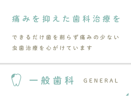 痛みを抑えた歯科治療を　できるだけ歯を削らず痛みの少ない虫歯治療を心がけています　一般歯科